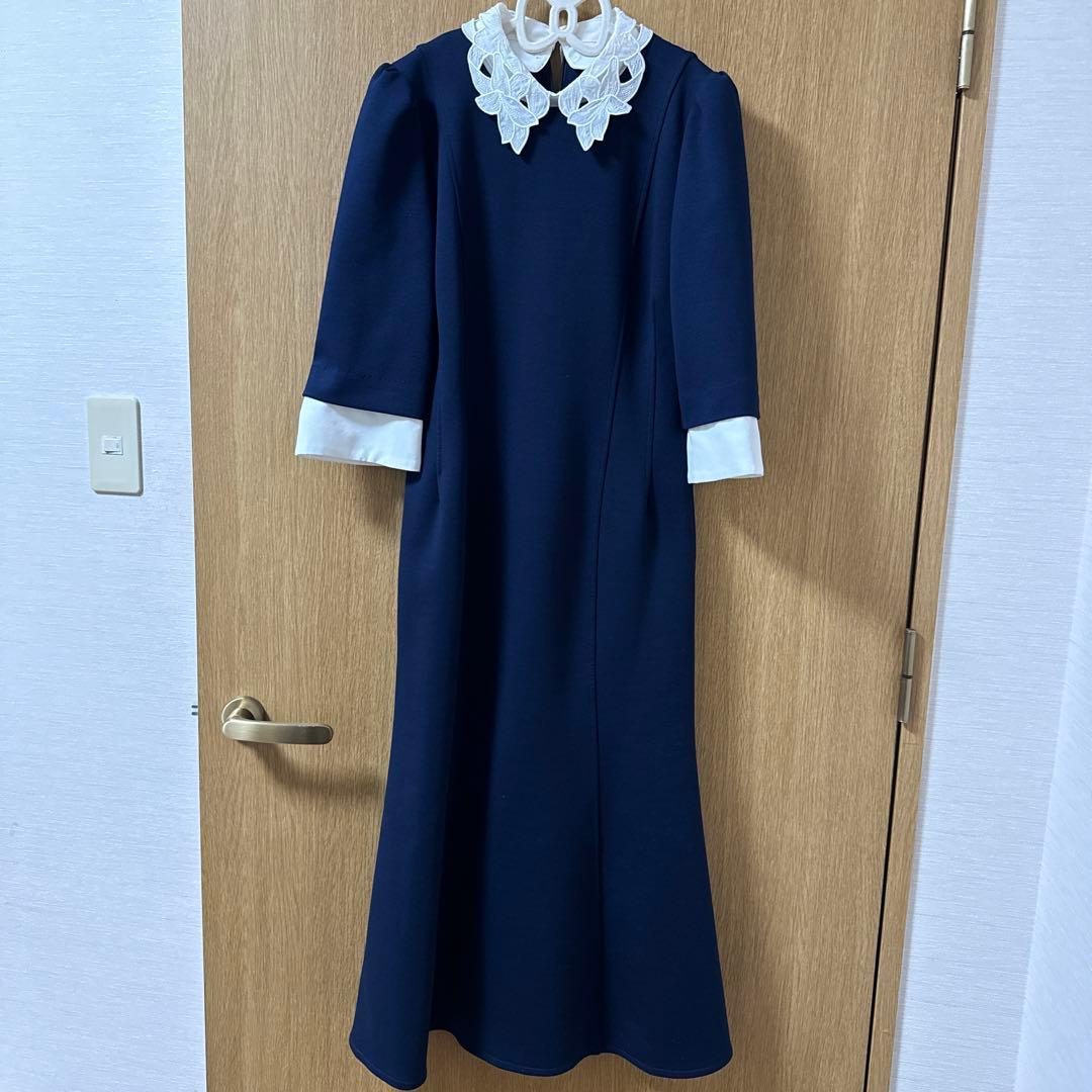 CELFORD エンブロイダリーカラー ワンピース ネイビー　34サイズ