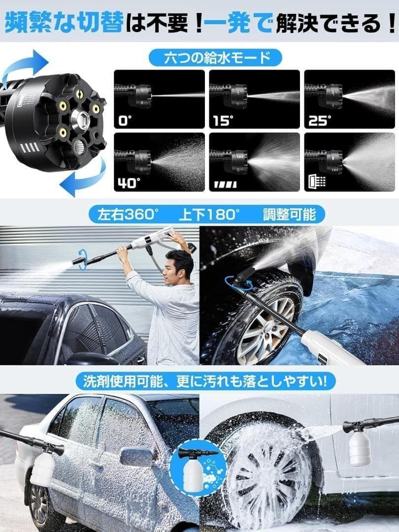★新品★ 高圧洗浄機 コードレス 充電式 洗車機 家庭用 6in1ノズル