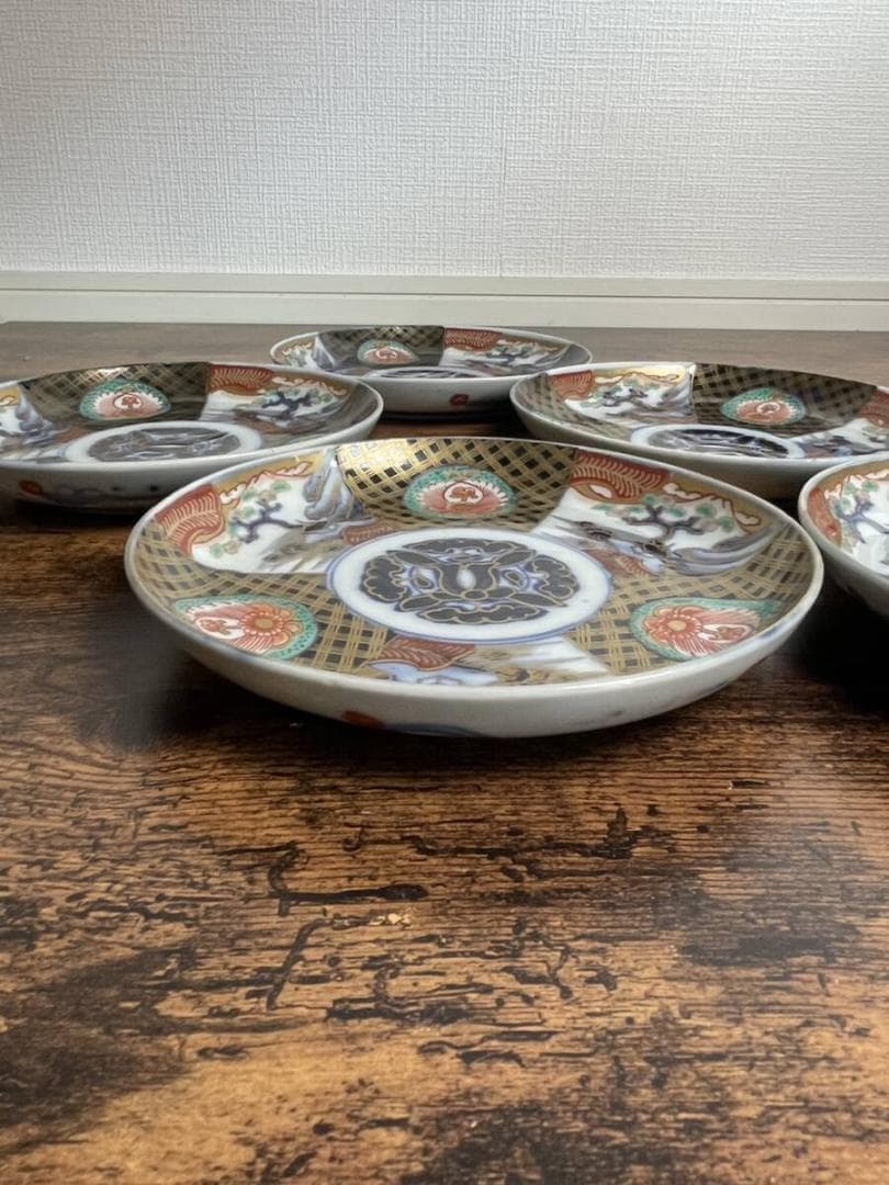 古伊万里 金襴手六寸皿 五客 アンティーク/中皿/銘々皿/お皿