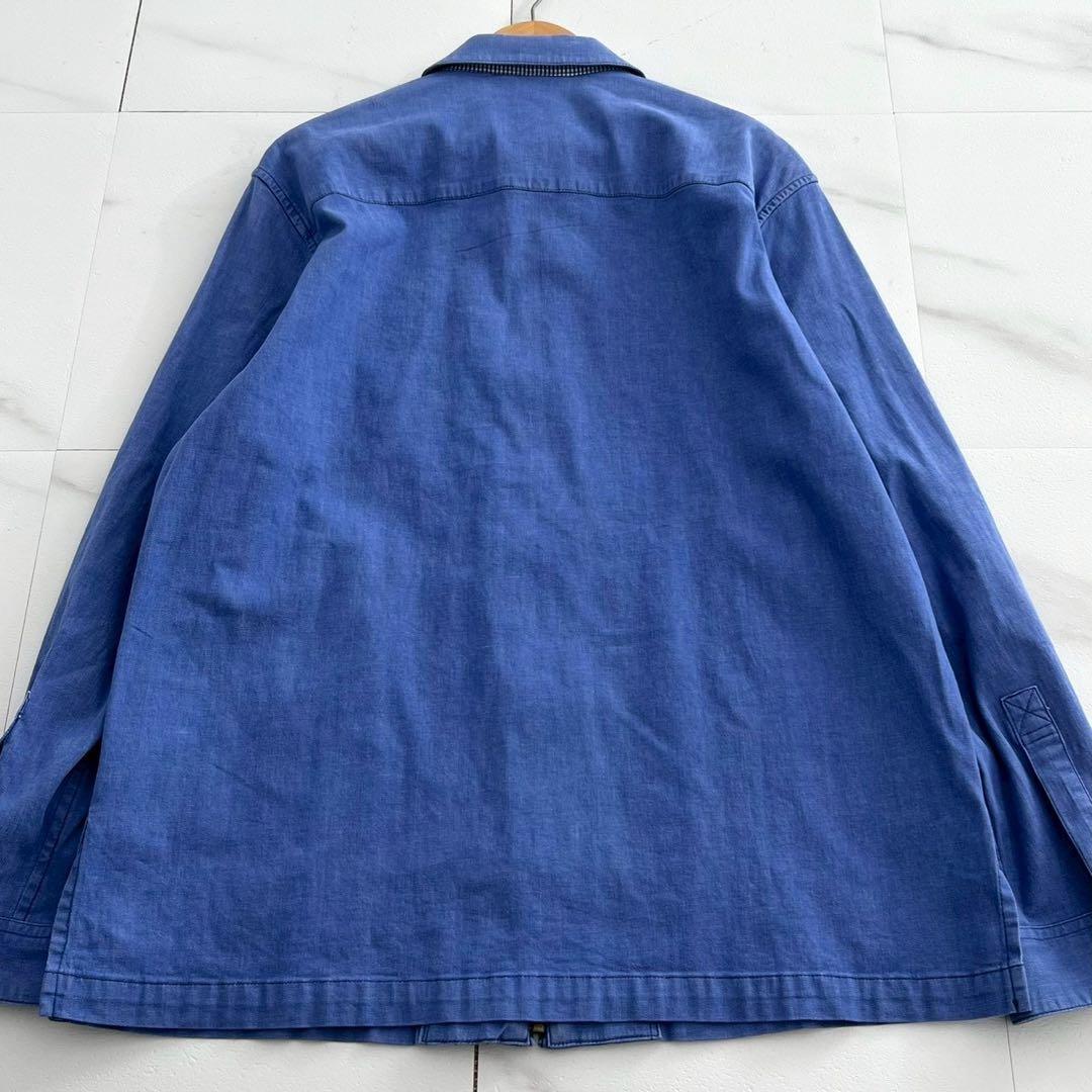 【希少】パパス デニム調 リネン ジップアップブルゾン ロゴ刺繍 インディゴ L