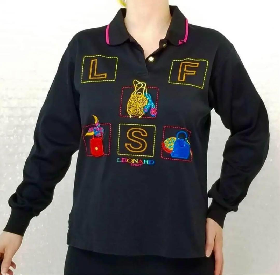 LEONARD レオナール レア 刺繍 金ボタン 長袖 ニット ポロシャツ L
