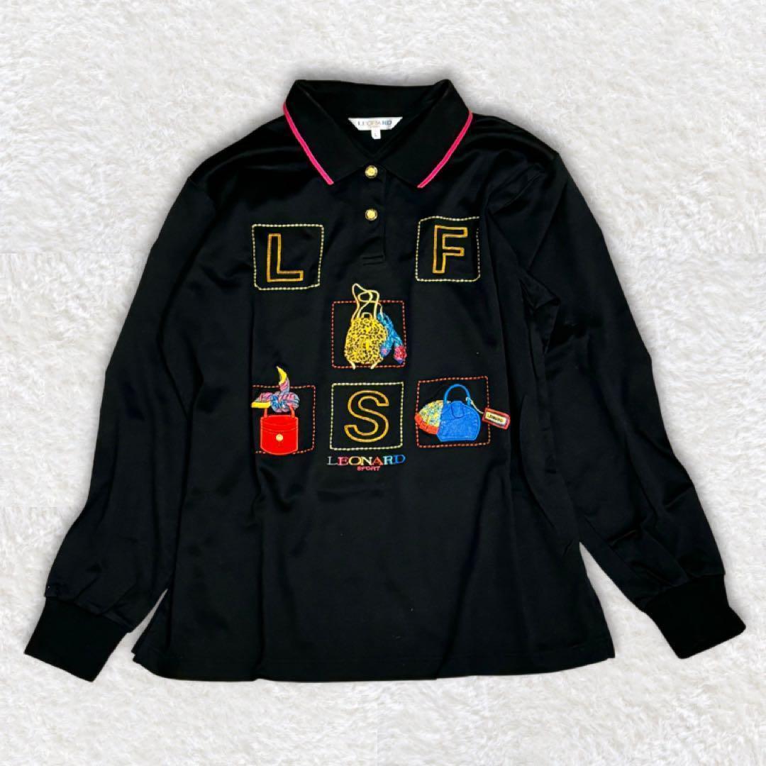LEONARD レオナール レア 刺繍 金ボタン 長袖 ニット ポロシャツ L