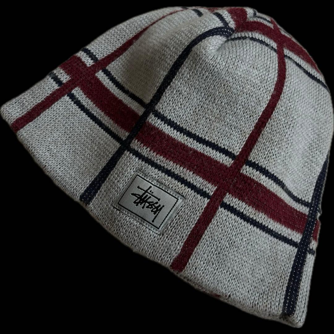 “ロゴ白タグ” old stussy 紺タグ チェック ビーニー 90s