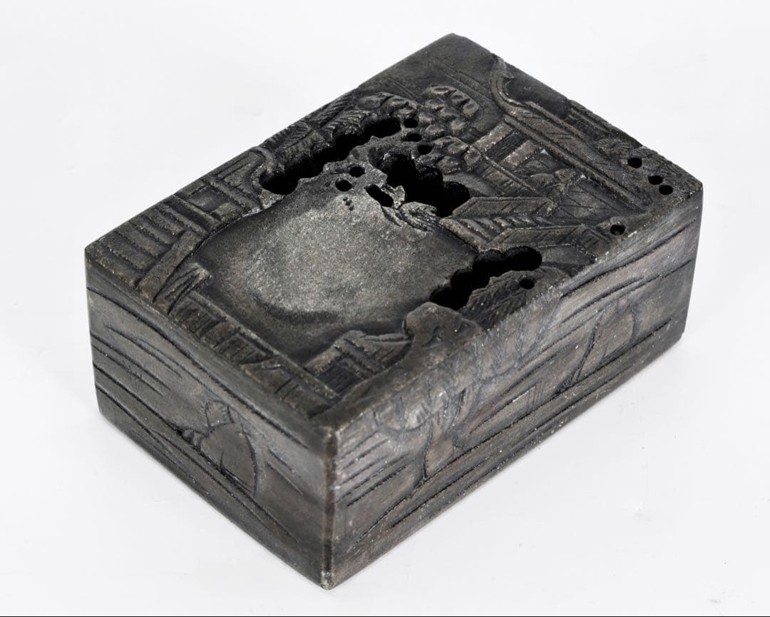 時代物 小型 端渓硯 蘭亭硯 盒硯 風景彫刻 文房四宝 書道具 唐物 533g