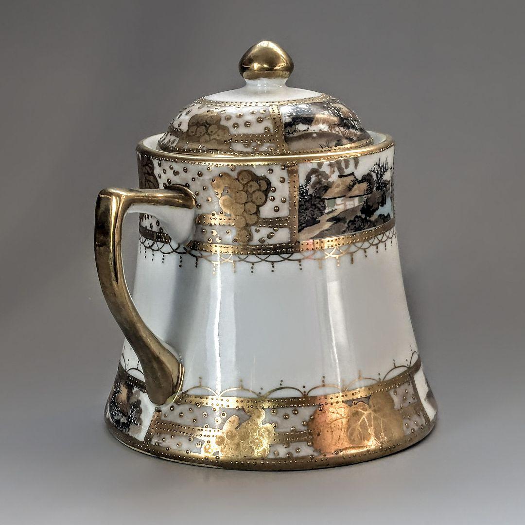 大銘品　里帰り オールドニッポン金彩白釉盛梅花葡萄紋湖畔風景図 　シュガーポット