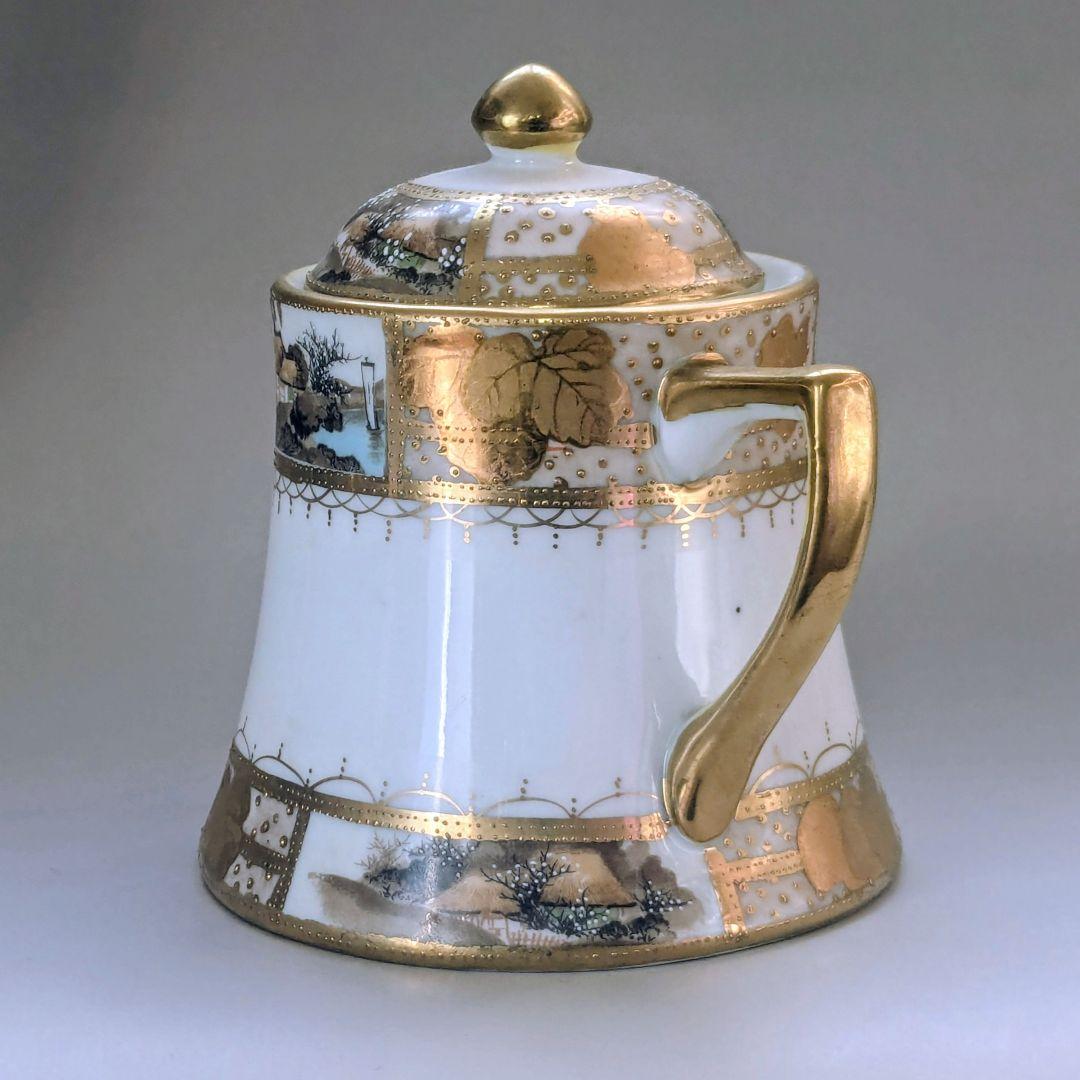 大銘品　里帰り オールドニッポン金彩白釉盛梅花葡萄紋湖畔風景図 　シュガーポット