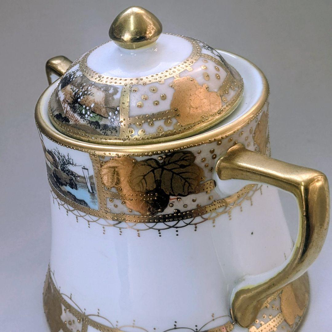 大銘品　里帰り オールドニッポン金彩白釉盛梅花葡萄紋湖畔風景図 　シュガーポット