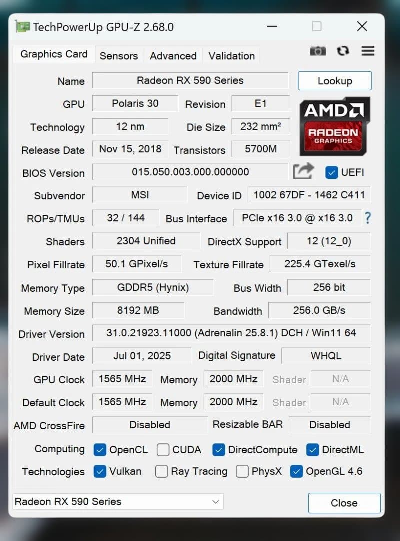 MSI Radeon RX 590 ARMOR 8G OC　GTX1660相当
