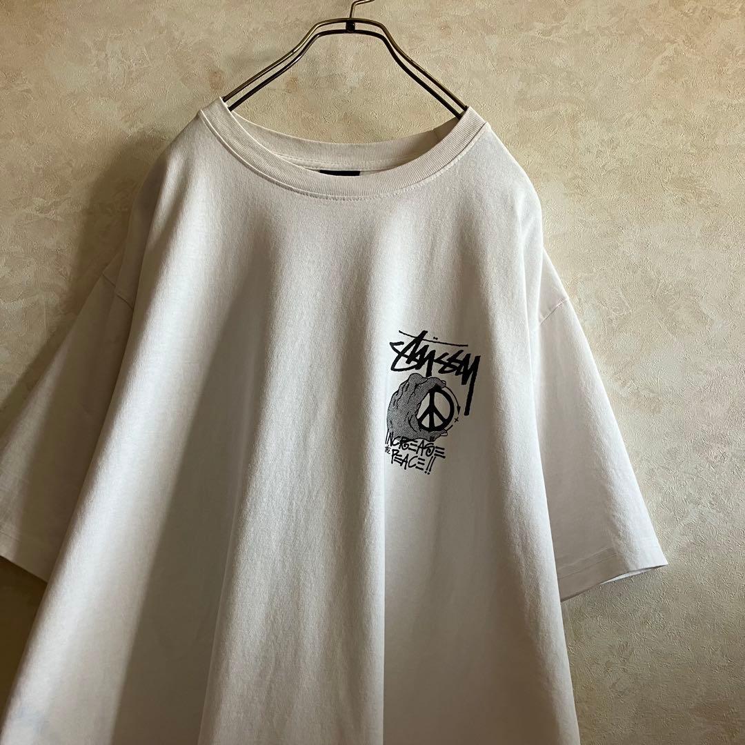 USA製 古着 ステューシー ピースマーク両面ロゴtシャツ 白 XL
