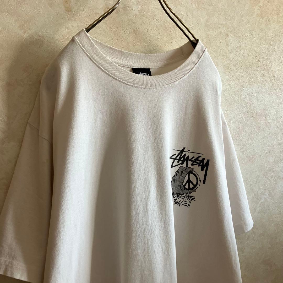 USA製 古着 ステューシー ピースマーク両面ロゴtシャツ 白 XL