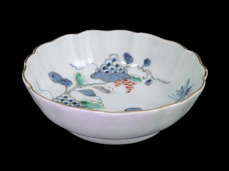 古伊万里　染錦　葡萄紋に蝶の図　膾皿　３客　B179 AS-CXu