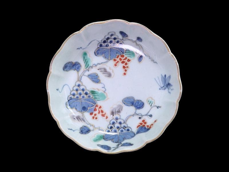 古伊万里　染錦　葡萄紋に蝶の図　膾皿　３客　B179 AS-CXu