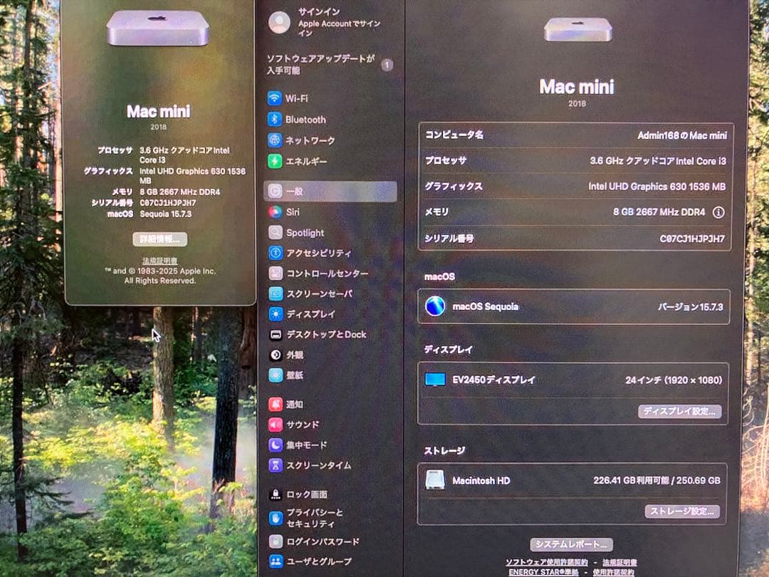 ミニPC Mac mini 2018 core i3/8GB/SSD 256GB