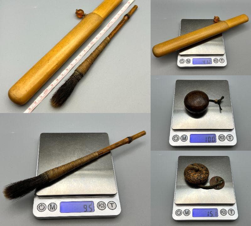 木製　キセル入れ　根付２点　 筆１本　書道　合計４点 細密細工 重量約75g