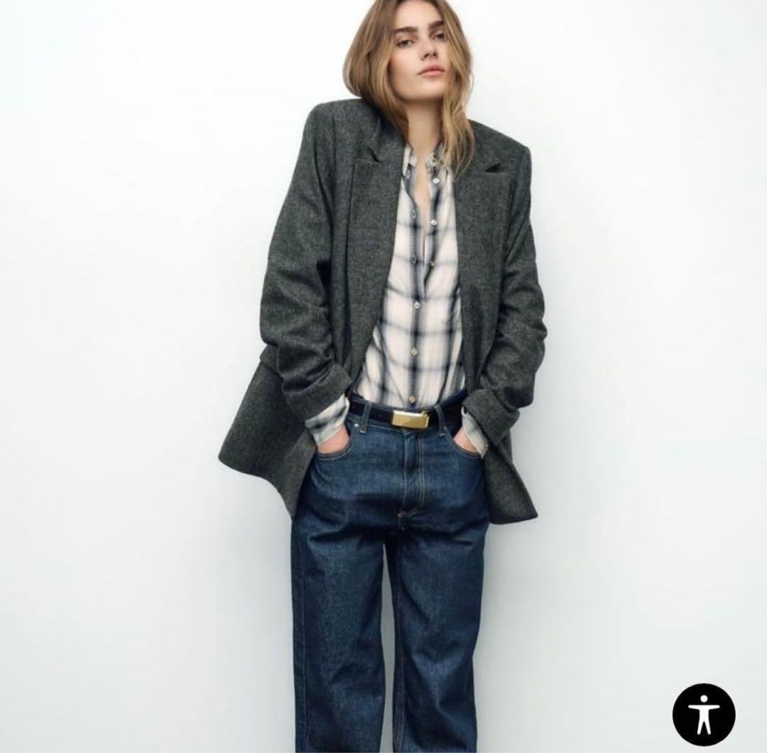 ZARA ヘリンボーンウールブレンドストレートブレザー