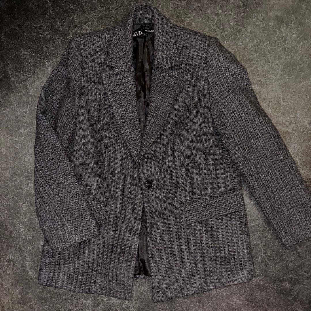 ZARA ヘリンボーンウールブレンドストレートブレザー