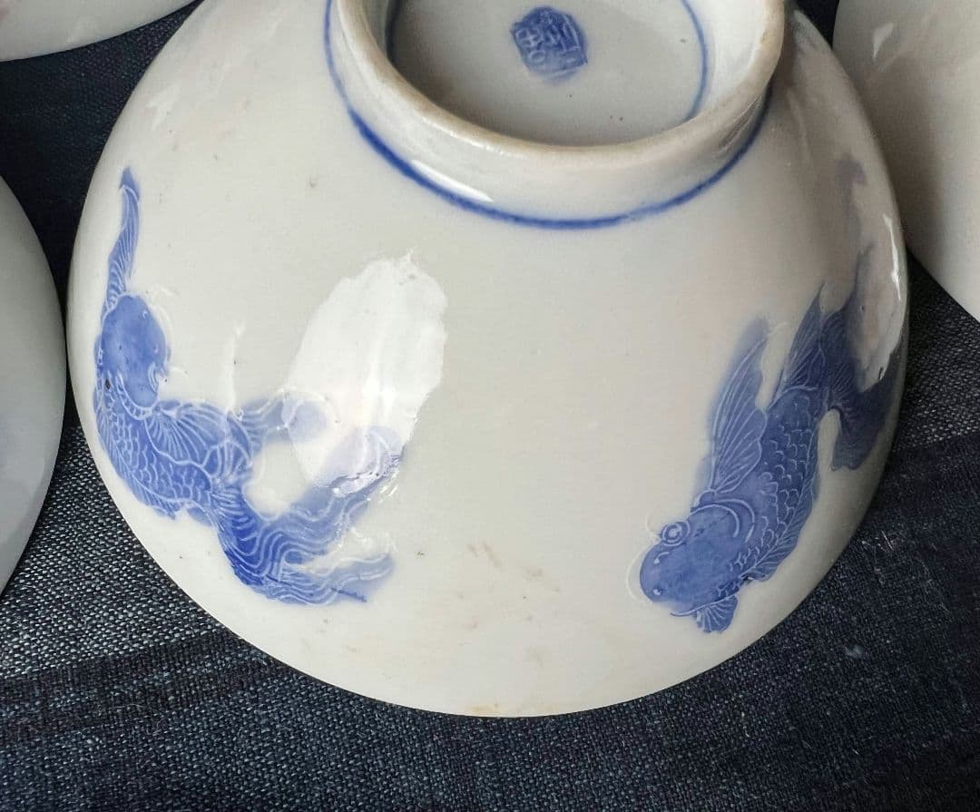 希少柄！金魚図の色絵 蓋付茶碗5客！古伊万里 染付 和食器 骨董品 アンティーク