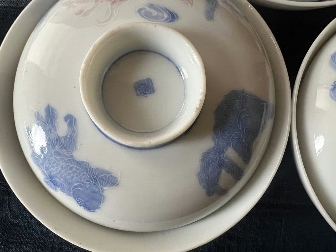 希少柄！金魚図の色絵 蓋付茶碗5客！古伊万里 染付 和食器 骨董品 アンティーク