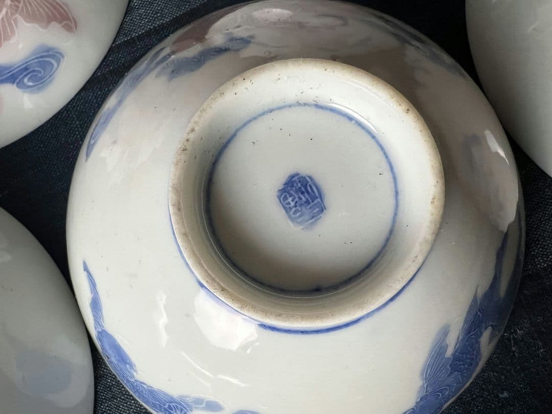 希少柄！金魚図の色絵 蓋付茶碗5客！古伊万里 染付 和食器 骨董品 アンティーク