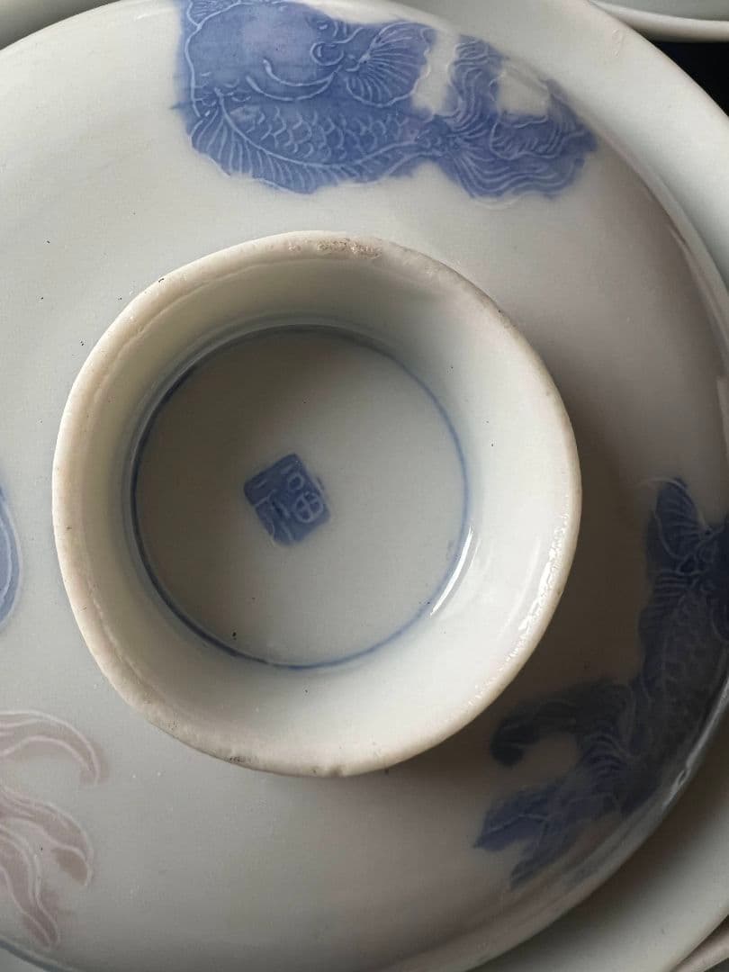 希少柄！金魚図の色絵 蓋付茶碗5客！古伊万里 染付 和食器 骨董品 アンティーク