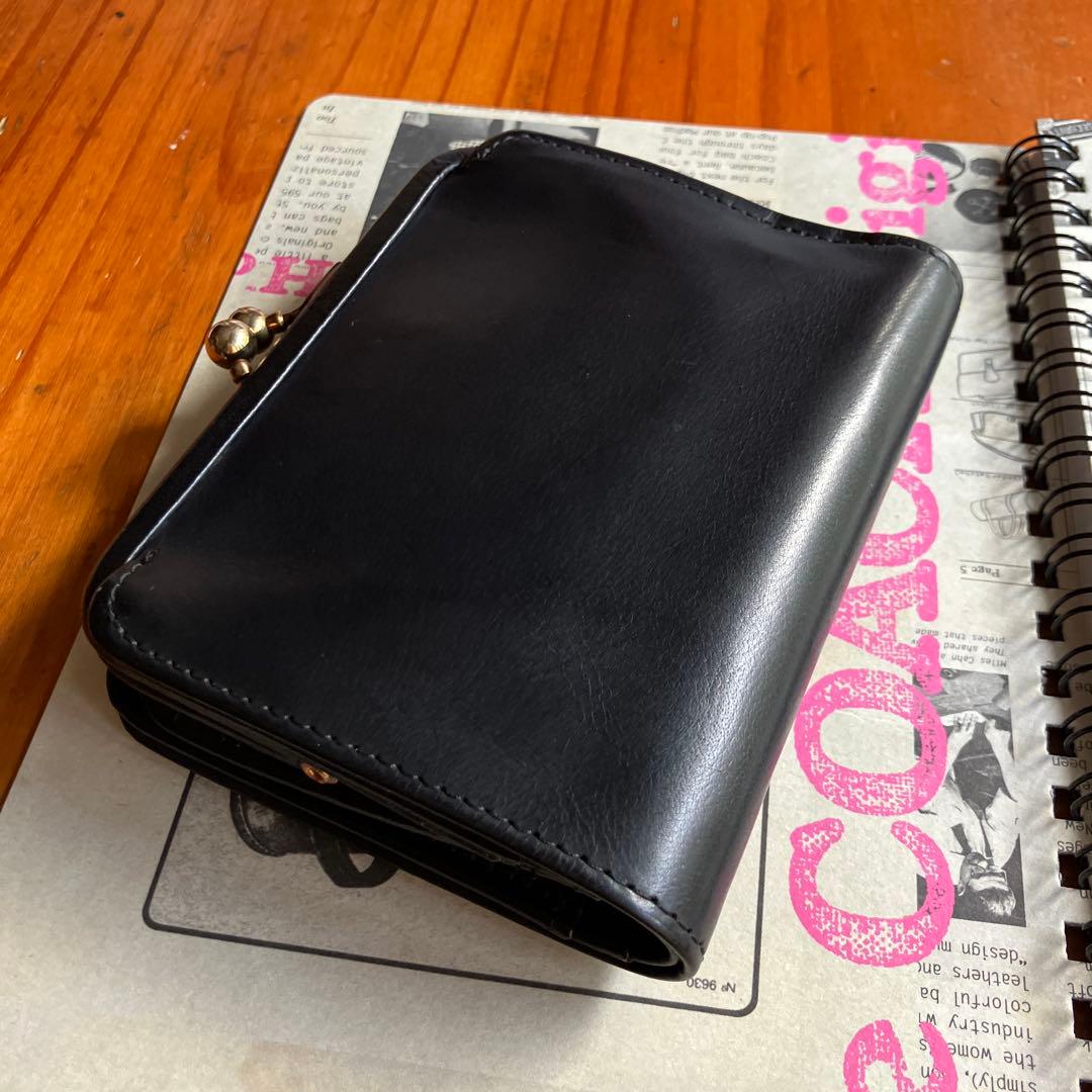 オールドコーチvintage コーチ　ブラックレザーがま口二つ折り財布