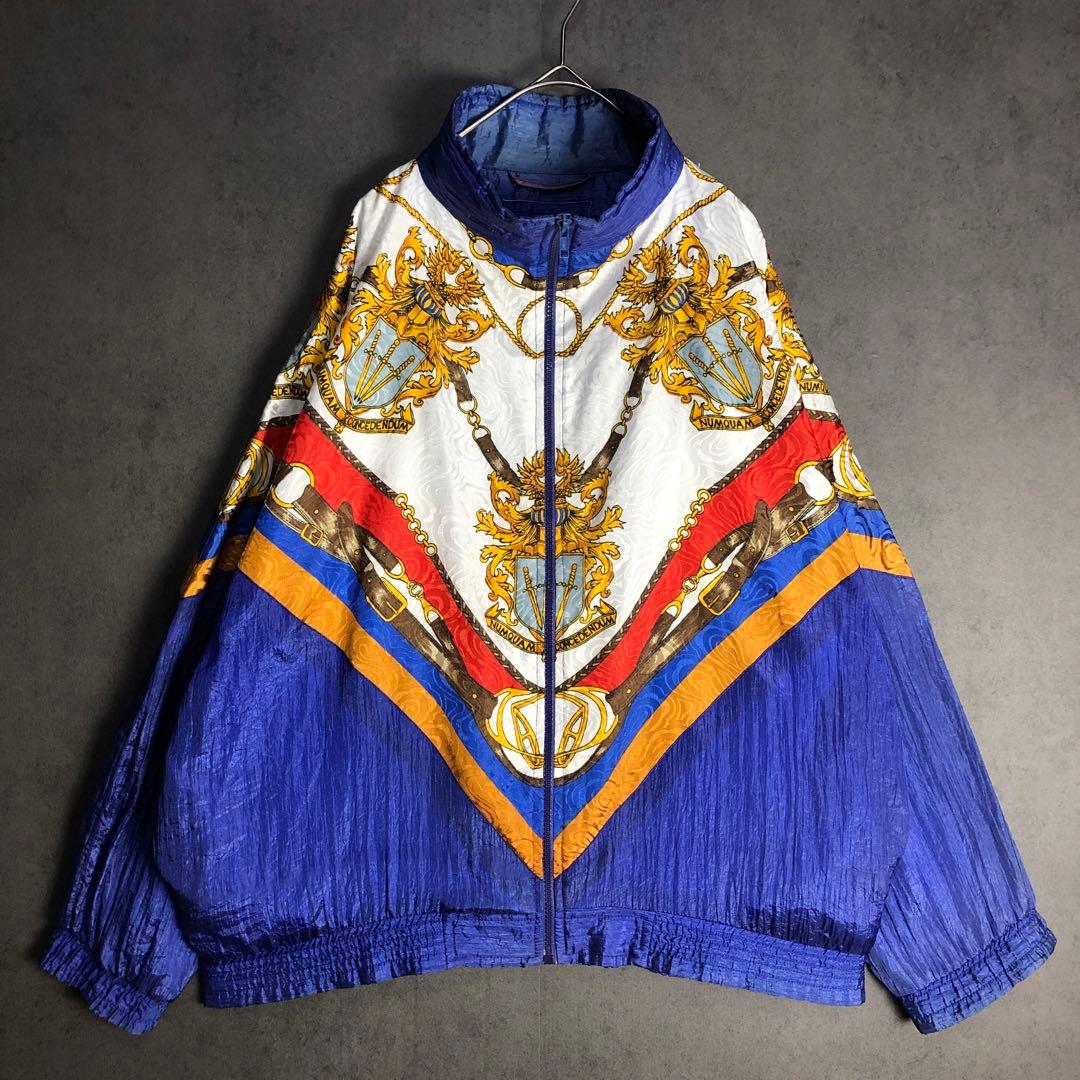 ブルゾン　スカーフ柄　シワ加工　ジップアップ　青　白　赤　黄　水色　古着
