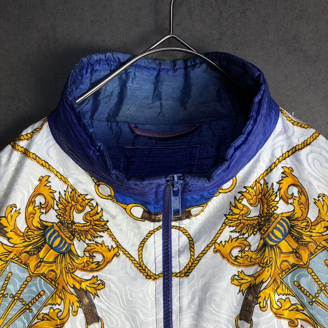 ブルゾン　スカーフ柄　シワ加工　ジップアップ　青　白　赤　黄　水色　古着
