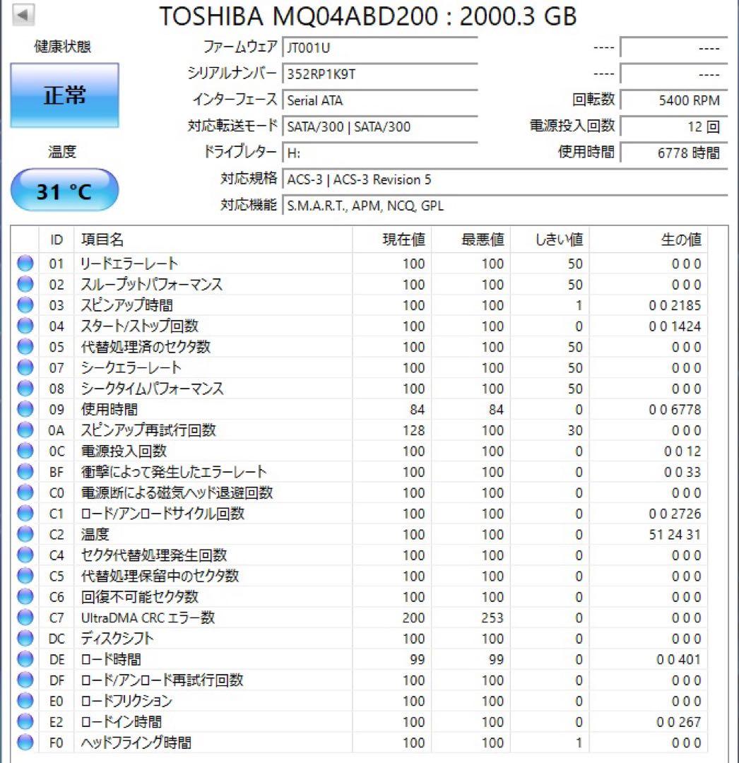 ル*ル様 TOSHIBA MQ04ABD200 2TB 2.5インチHDD