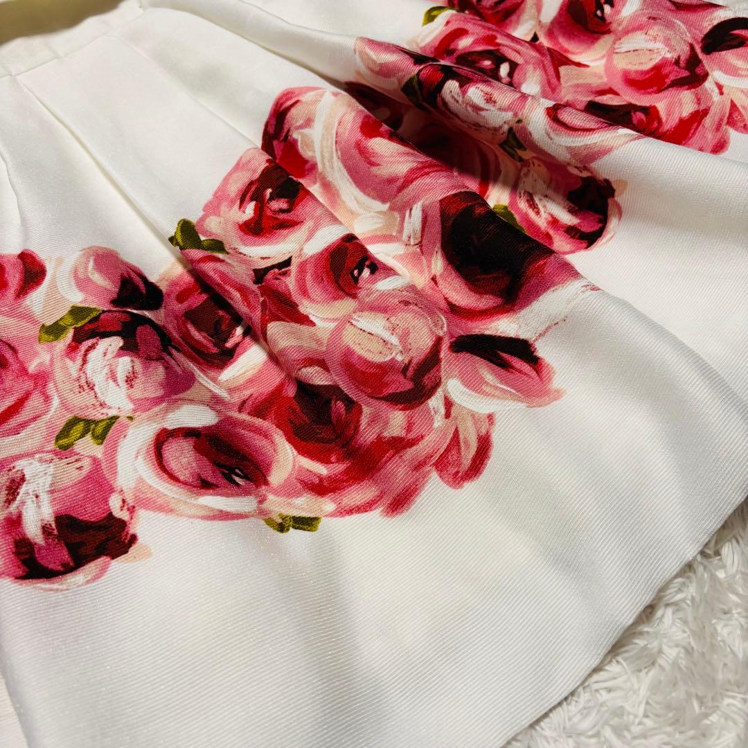 美品 エムズグレイシー 花柄 赤 薔薇 フラワー フレア ワンピース Aライン