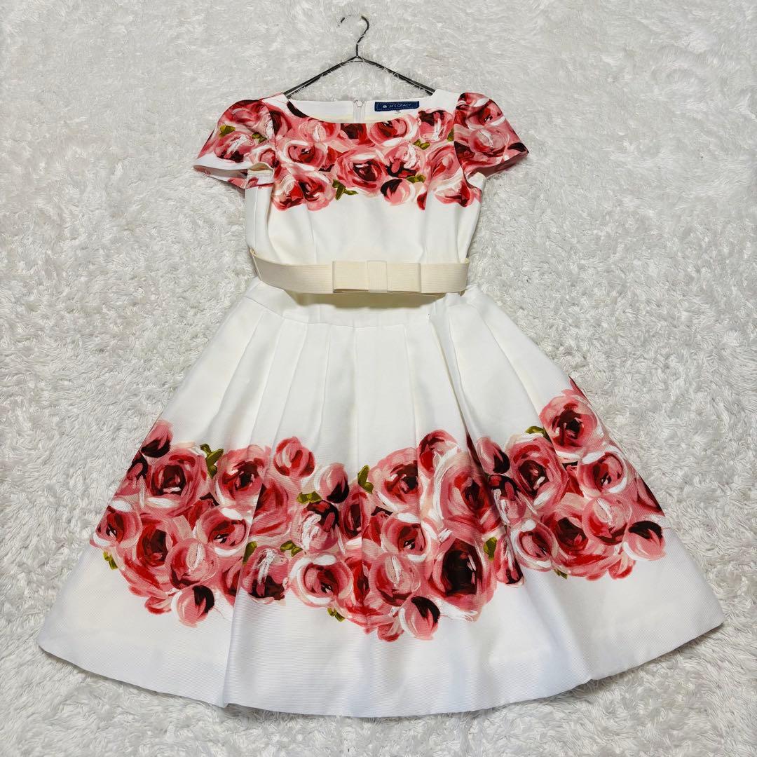 美品 エムズグレイシー 花柄 赤 薔薇 フラワー フレア ワンピース Aライン