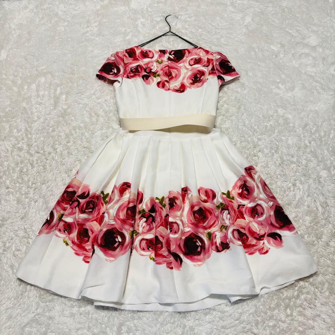 美品 エムズグレイシー 花柄 赤 薔薇 フラワー フレア ワンピース Aライン