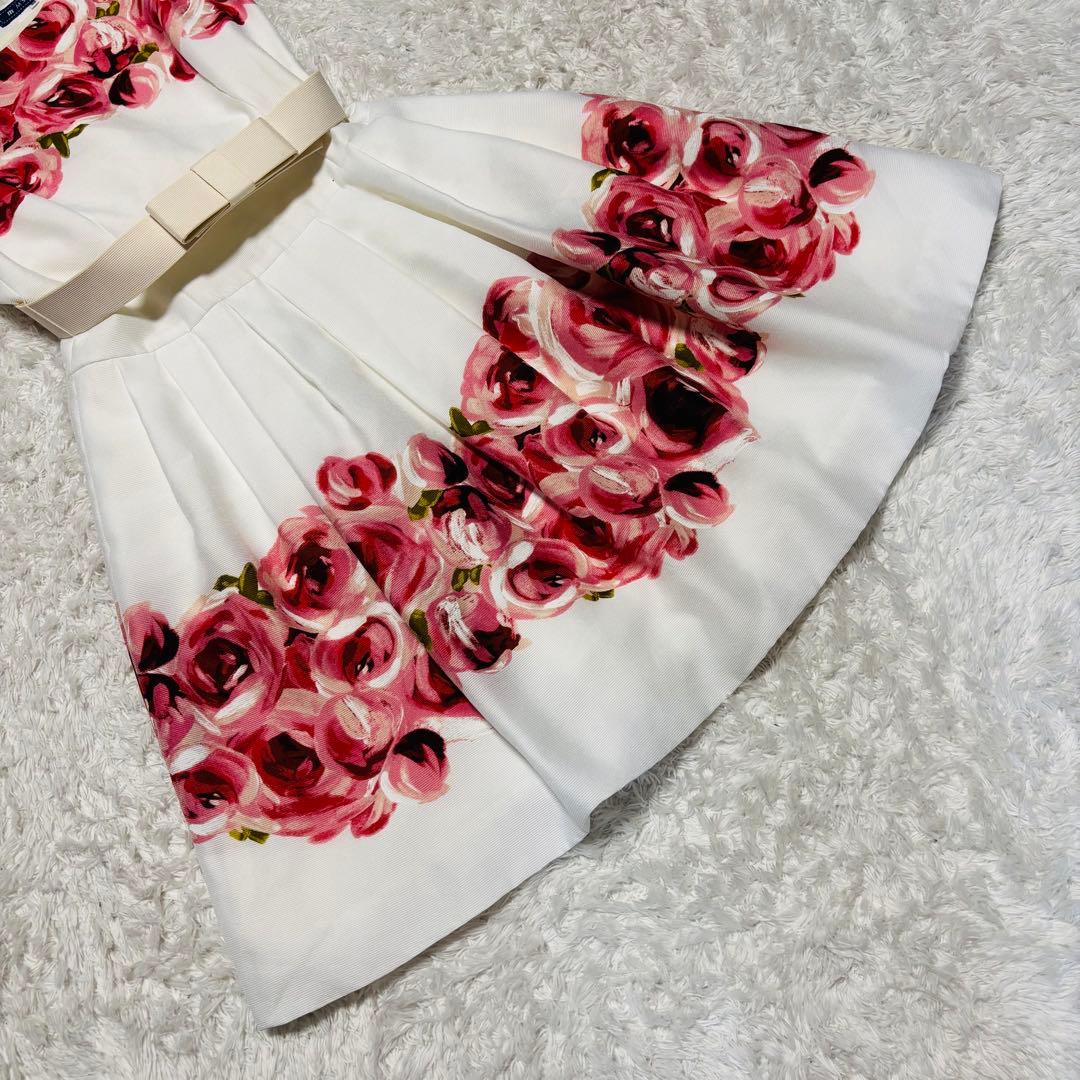 美品 エムズグレイシー 花柄 赤 薔薇 フラワー フレア ワンピース Aライン