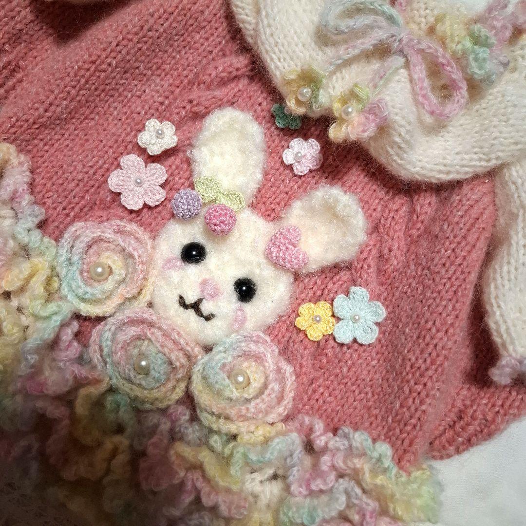 犬服♪手編み♪うさぎさん&お花フリルいっぱいワンピ