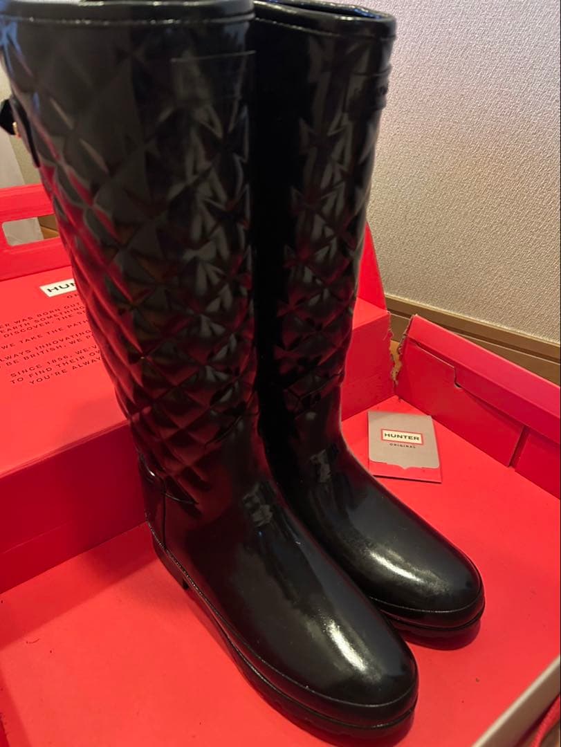 【美品】HUNTER キルティングロングレインブーツ　ブラック　サイズ24cm