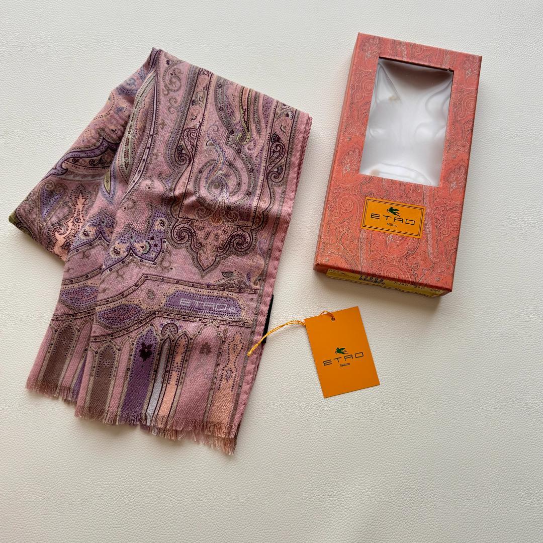 極美品✨エトロ 箱付き ウールシルク ストール ペイズリー ピンク パープル 伊