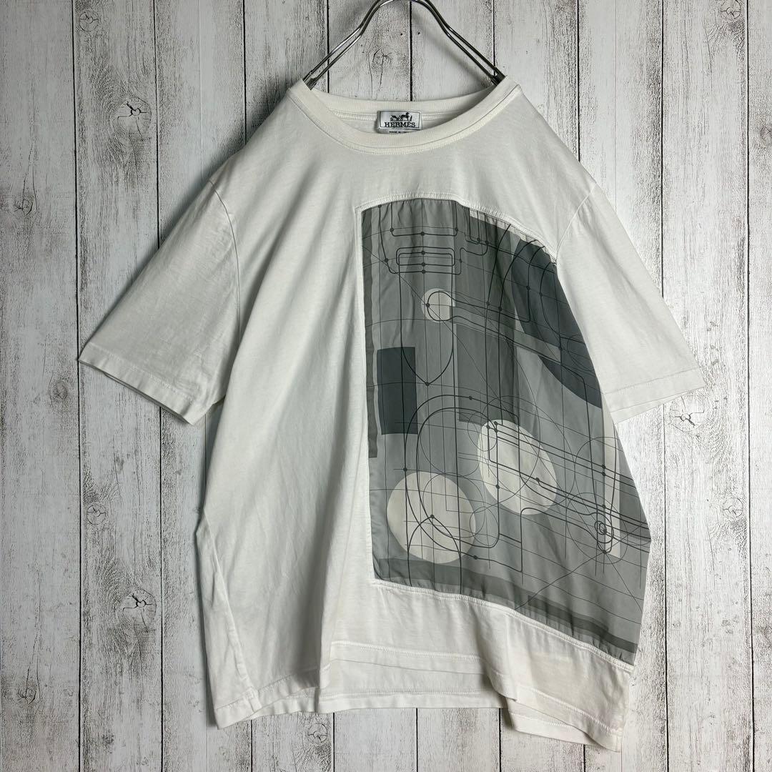 6261【美品】エルメス☆シルク切替Tシャツ スカーフドッキング ホワイト