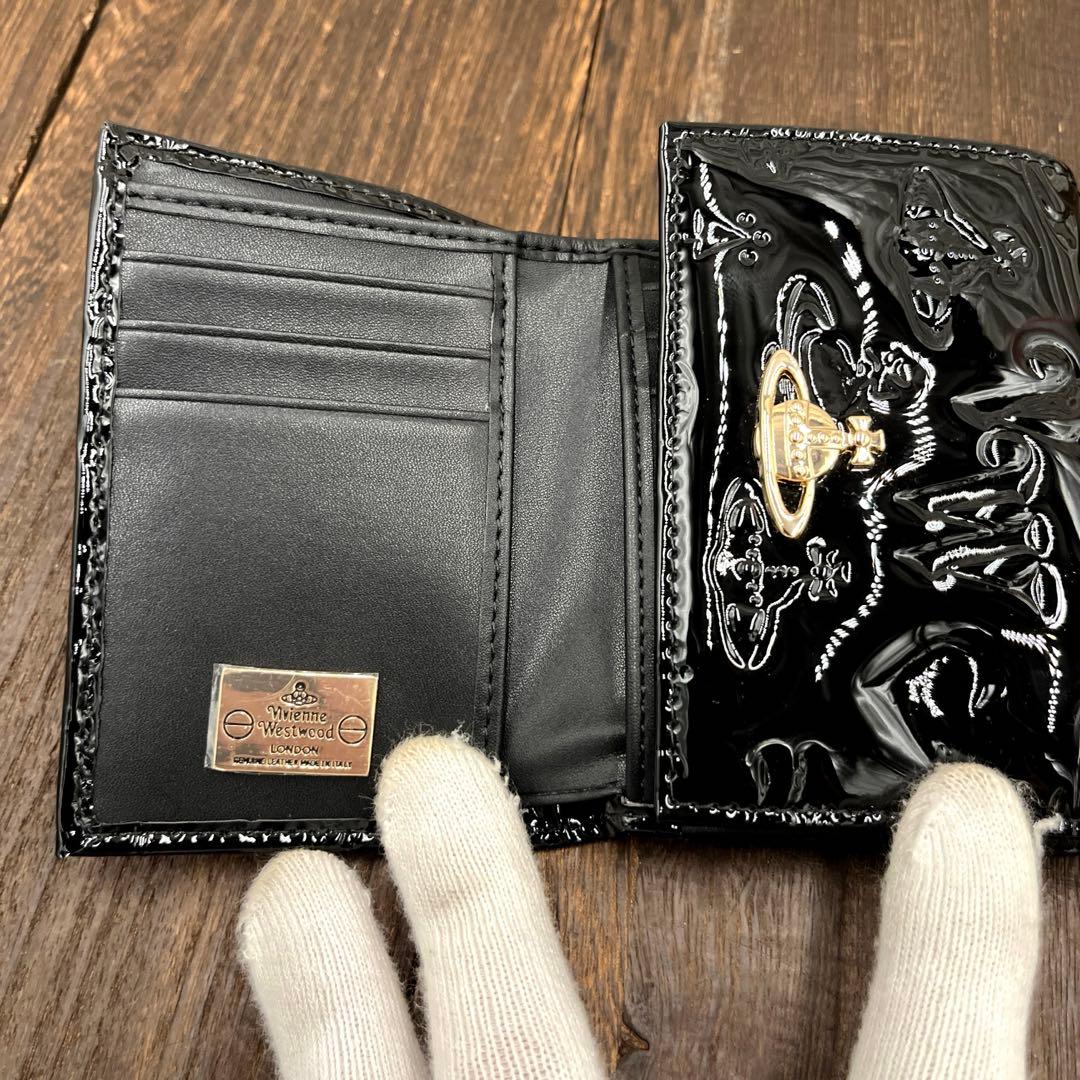 新品未使用　ヴィヴィアンウエストウッド 三つ折財布　黒　エナメル　がま口　④