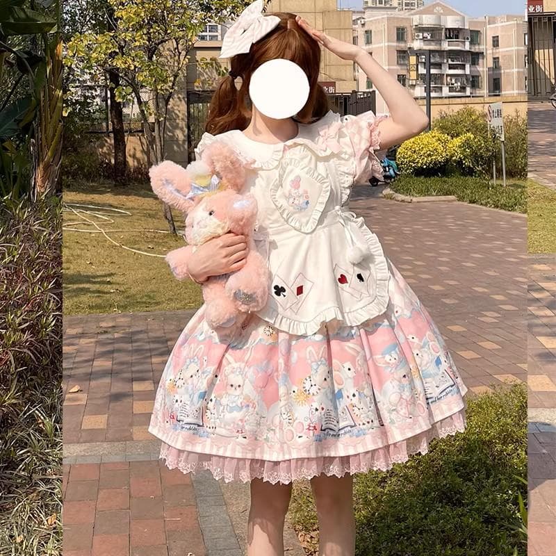 No.2874_海外ロリィタ_未使用ピンクエプロン付き半袖ワンピース3点セット