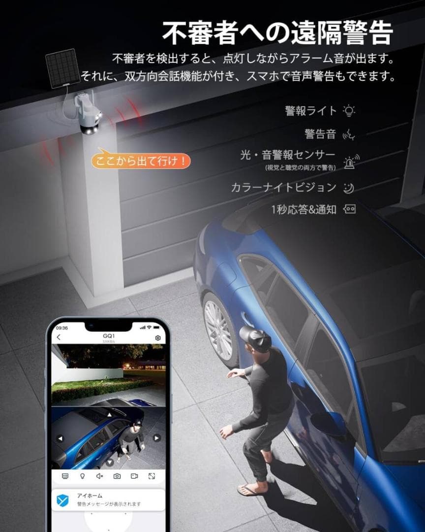 デュアルレンズ防犯カメラ 屋外ソーラー 360°死角なし監視 6W太陽光