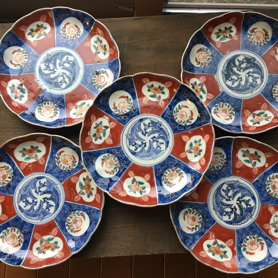 古伊万里　赤絵　富貴長春/ 七寸皿/染錦/金彩　染付/五枚