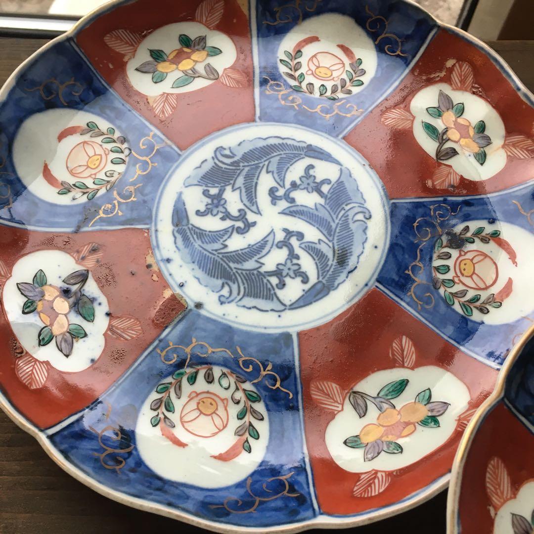 古伊万里　赤絵　富貴長春/ 七寸皿/染錦/金彩　染付/五枚