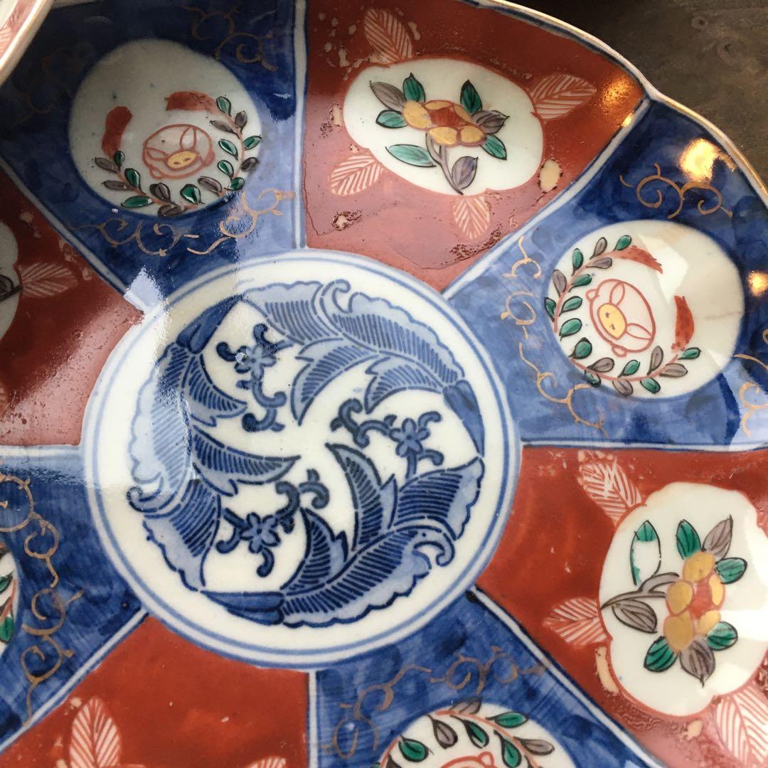 古伊万里　赤絵　富貴長春/ 七寸皿/染錦/金彩　染付/五枚