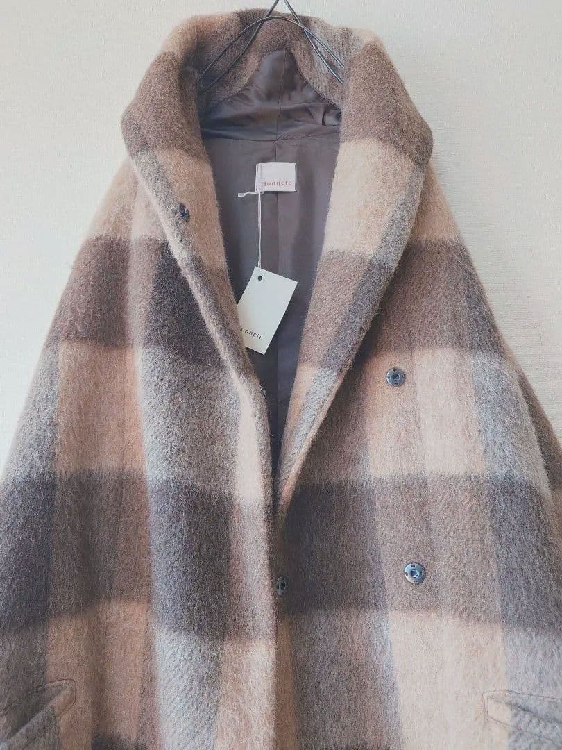 sale*Honneteオネット シャギーウール チェックショールカラーコート