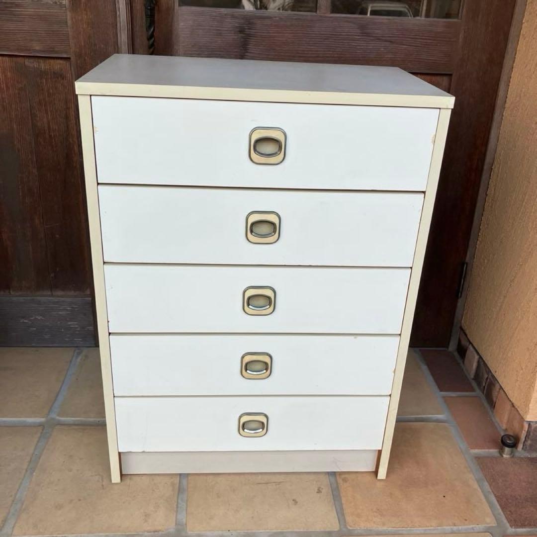 ホワイト 木製 5段チェスト 昭和レトロ レトロポップ 中古品