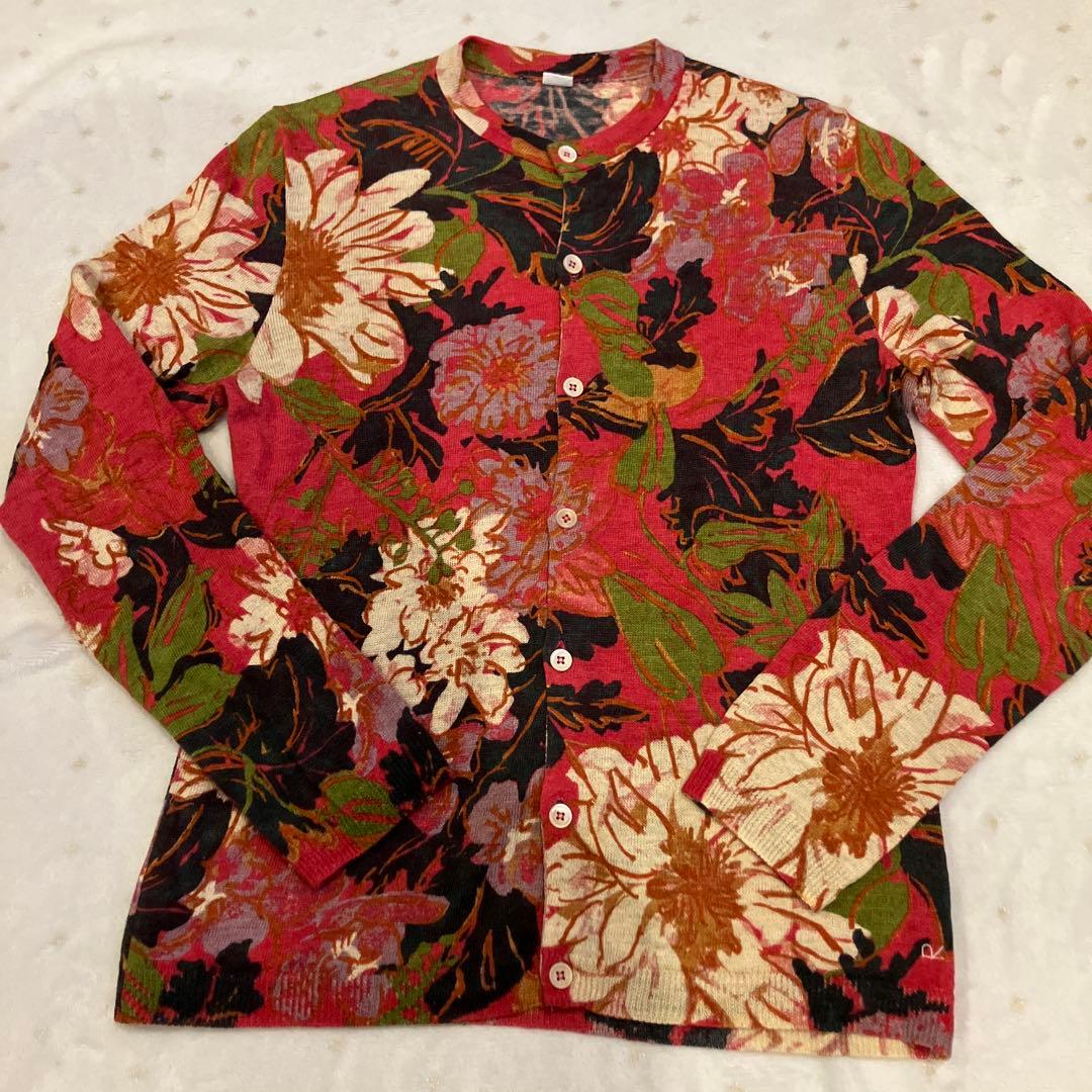 【美品】45R リネン100 花柄総柄長袖カーディガン