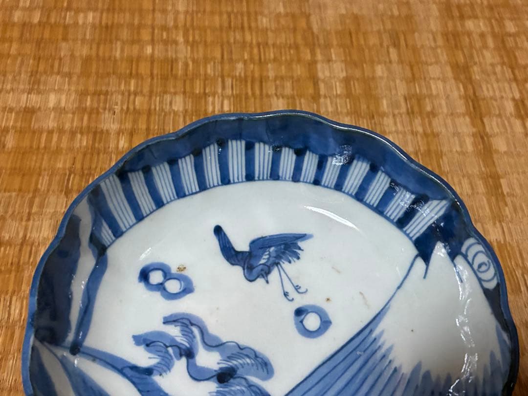 古伊万里 染付 風景 鶴図 波型 中皿 五枚揃い 時代物