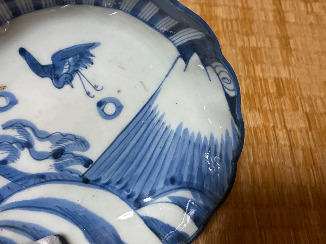 古伊万里 染付 風景 鶴図 波型 中皿 五枚揃い 時代物