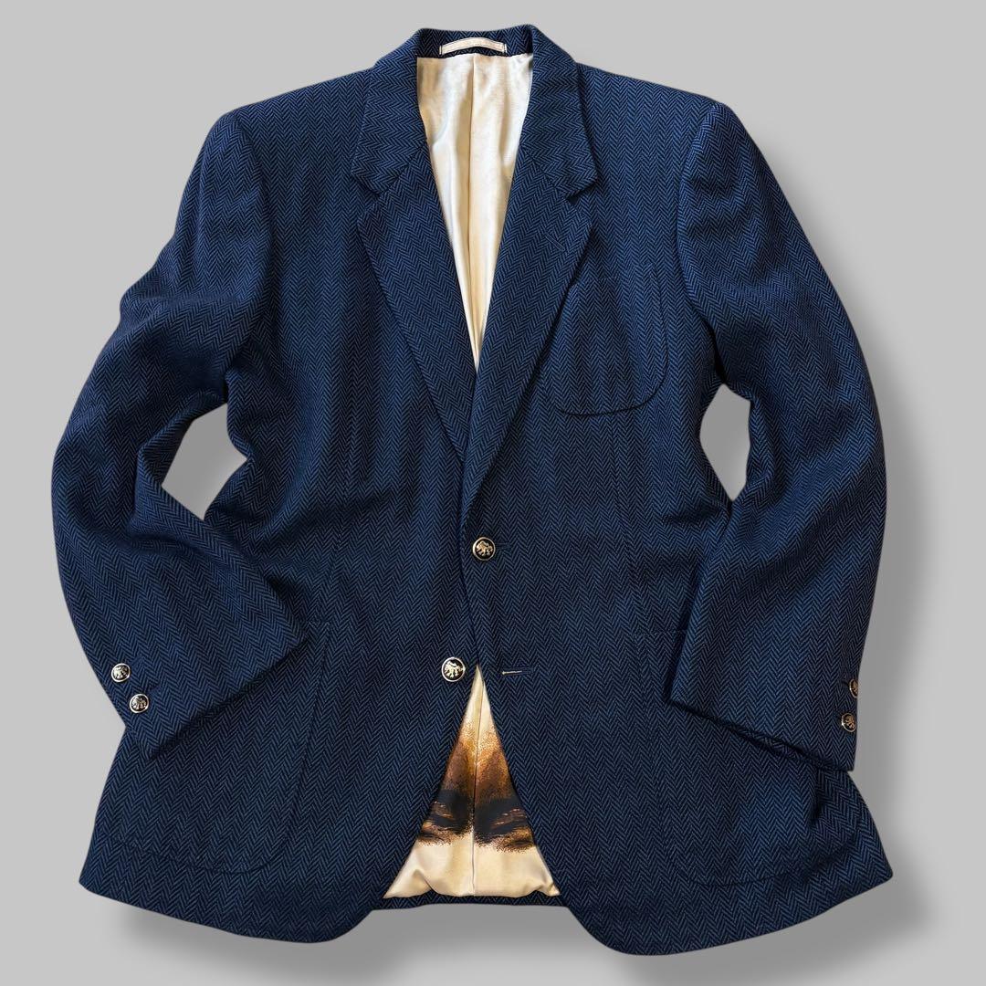 DORMEUIL テーラードジャケット 紺ブレ ヘリンボーン 派手裏地 馬