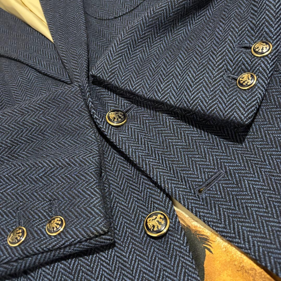 DORMEUIL テーラードジャケット 紺ブレ ヘリンボーン 派手裏地 馬