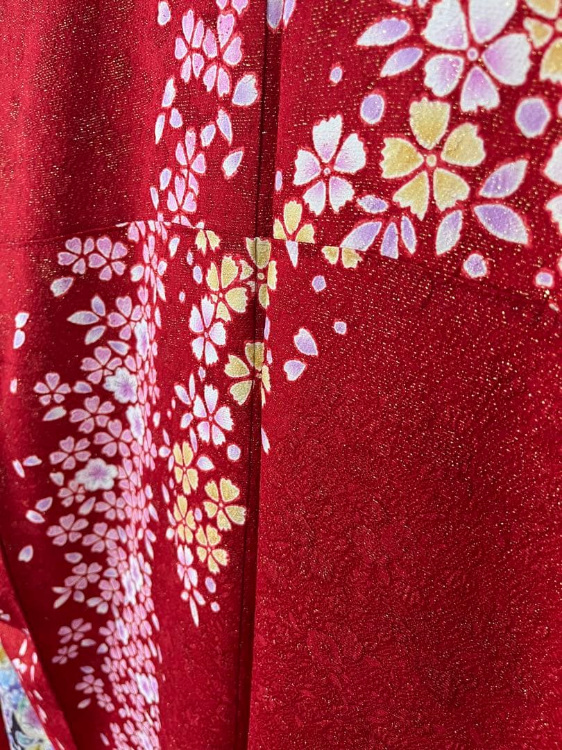 美品★中古　振袖　仕立て上がり　赤　辻ヶ花　B25